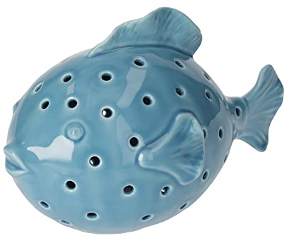 Keyhomestore- Pesce Palla in Ceramica, Colore Azzurro H 15x23x14 cm – Decorazione Marina per Casa, Giardino, Vetrina, Stile Coastal, con LED Interno.