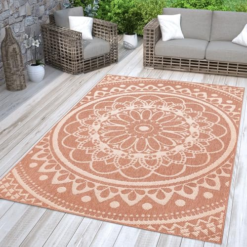 TT Home In-& Outdoorteppich Wetterfest Garten Orientalisches Marokkanisches Boho Design, Farbe: Weiß Orange, Größe:60x100 cm