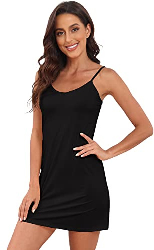 AUHEGN Black Full Slip for Women Under Dress Adjustable Spaghetti Strap Chemise Lingerie Cami Mini Dress Medium
