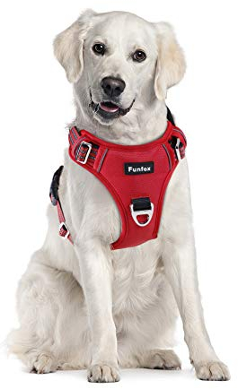 Funfox Hundegeschirr Grosse Hunde [XL] - Verstellbares Anti-Zug Brustgeschirr mit Griff & Reflektorstreifen, Atmungsaktives No Pull Hundegeschirr für Grosse/Mittelgroße Hunde Outdoor Rot