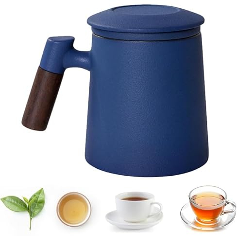 Teebecher Set mit Deckel und Sieb, Tee-Tasse, Teetasse groß 400ml, Keramik Teetassen Set mit Holzgriff zum Verbrühungsschutz, Tee Tasse für Geschenke, Handmade, Modernes Design (Blau)