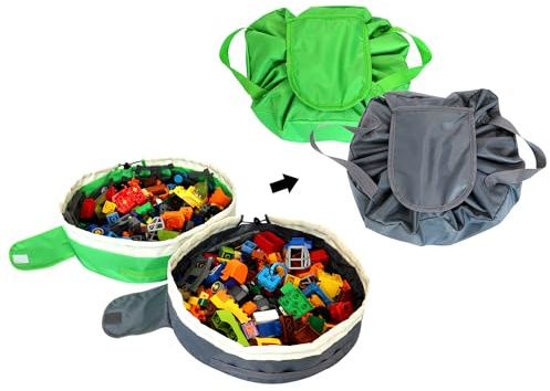 Toy Storage Bag for Lego - 2 PCS Mini Toy Play Mat Bag by Drawstring (Green and Grey)