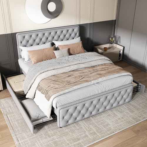 Becag Polsterbett Doppelbett 160x200, Bett mit 4 Schubladen Stauraum, Rückenlehne Bett Jugendbett Stauraumbett, Bett mit Lattenrost, Bettgestelle aus Holz und Metall, Grau Leinen, Ohne Matratze