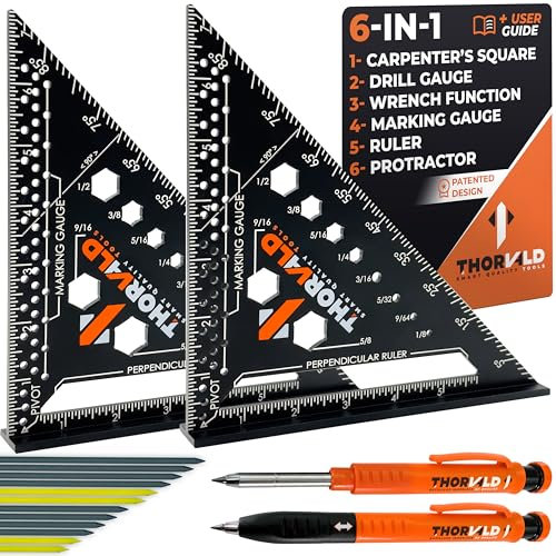 THORVALD 2 Carpenter Square 7 inch (1/16 Precision) + 2 Pencils + 12 Leads - T Square Multi-Purpose Carpenter Tools : Wrench, Protractor, Ruler, Marking Gauge, Drill Gauge, Carpentry Pencil