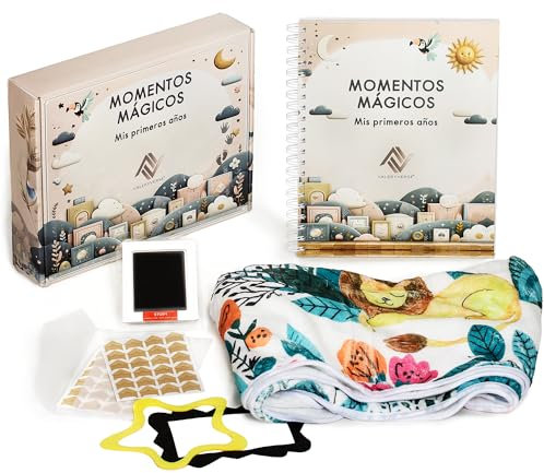 Libro ricordi Baby KIT, Album Baby primo anno, album foto bebè (Include coperta per bebè, kit impronte neonato neonato, angoli fotografici, busta per ricordi, guida per i primi genitori), Unisex.