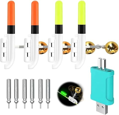 Mineup 6 Stück Knicklichter Angeln, Bissanzeiger Angeln, Angeln Alarm Glocke, Nachtangeln Biss Alarm mit Ladegerät und Akku, Led Bissanzeiger Rutenspitze, Nachtlicht Knicklicht Angeln für Nachtangeln