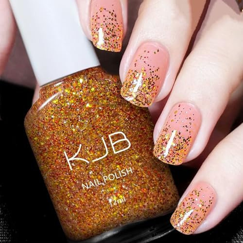 Glitter Nail Polish - Gold Nail Varnish - Quick Drying Glitter Nail Polish - Sparkle Shine Vegan Base Natural Nail Varnish - Decorated with Colorful Paillette Shimmer Nail Varnish No Need UV Home DIY