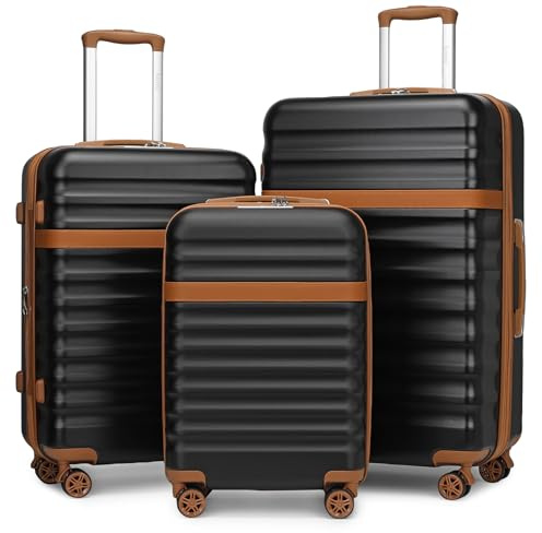 Kono 3 PCS Luggage Set Hardshell ABS+PC Suitcase with TSA Lock(Black/Brown)