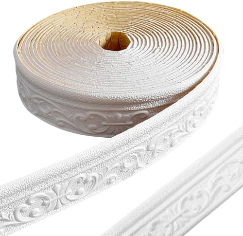LPZMPZ Bordüre Selbstklebend Weiß, Wandbordüre 10m x 8cm x 4mm, Zierleisten, Wasserdicht 3D Tapetenbordüre für Flur, Decke, Ecke, Linie