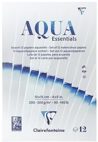 Clairefontaine 976097C Bloc Encollé Aqua Essential 10x15 cm - Assortiment de 12 Papiers Aquarelle - Idéal pour la Technique Humide