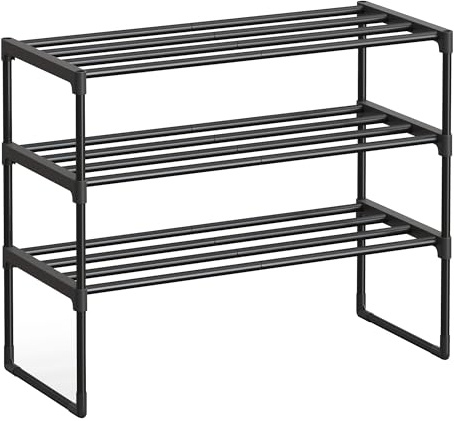 SONGMICS Schuhregal 3 Ebenen, Schuhständer Metall, Schuhaufbewahrung, Schuh-Organizer, aufrecht oder umgedreht, für 8-12 Paar Schuhe, stapelbar, Flur, 30 x 68 x 55 cm, schwarz LSA203B01