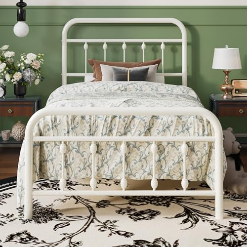 SHA CERLIN Twin Size Metal Platform Bed Frame with Victorian Style Iron-Art Headboard and Footboard, Easy Assembly, Under Bed Storage, No Box Spring Required, Off White