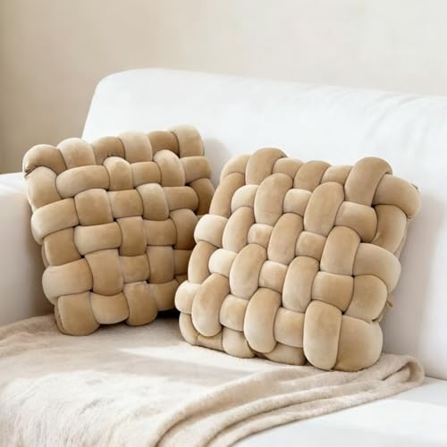 YLBKIKR 2Pcs Square Knot Throw Pillows, Suitable for Bedroom Decoration, Sofa Decorative Pillows, Home Decoration, Home Decor Living room12 inches * 13 inches (Coffee Color)