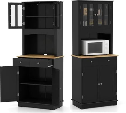 KOMFOTTEU Credenza Alta da Cucina 170 cm con Ante e 2 Cassetti, Mobile Portaoggetti con Dispositivo Antiribaltamento e Ripiani Regolabili, Armadio a Buffet per Sala da Pranzo, Soggiorno (Nero)