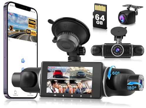 Bilkamera Dashcam 2K, 3-tums IPS-skärm och WiFi 5G, 64 GB-kort – 360° roterbar bilkamera, WDR-nattvision, stötsensor, appkontroll, loopinspelning, 170° vidvinkel