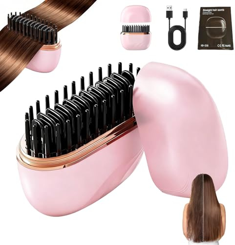 Mini Hair Straightener, Glam Brush Mini Straighteners, 2-in-1 Portable Cordless Hair Comb Fast Heating Hot & 3-Speed Temperature Control & USB Rechargeable Heated Styling Brush for Travel Home (Pink)
