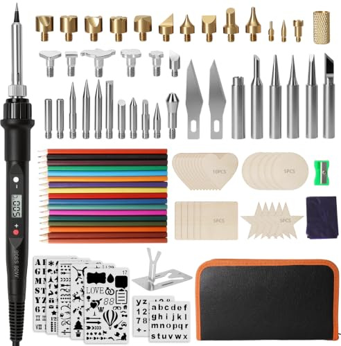 Pyrography Soldering Iron Set, 80 W, 103 Pieces, Pyrography Piston Set, Temperature Adjustable 200 ~ 500 °C, Soldering Iron Set for Wood, Leather, Burning Iron, DIY Art Gift Set, Colouring Pencils
