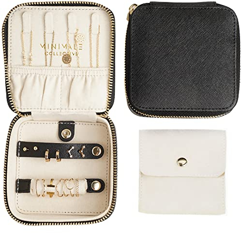 Minimale Collective Reise-Schmuckschatulle, kleine Schmuckschatulle, echtes Leder, Reise-Schmuck-Organizer für Halsketten, Ohrringe und Ringe mit abnehmbarer Tasche für Uhren und Armbänder, Schwarz