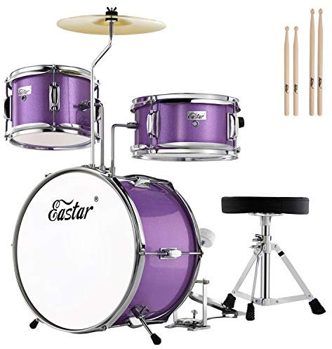 Eastar Schlagzeug Kinder für 3-10 Jahre, Schlagzeug Set 14 3-teilig mit Snare, Tom, Bass Drum Pedal, Thron, Becken und Drumsticks, Metallisch Lila