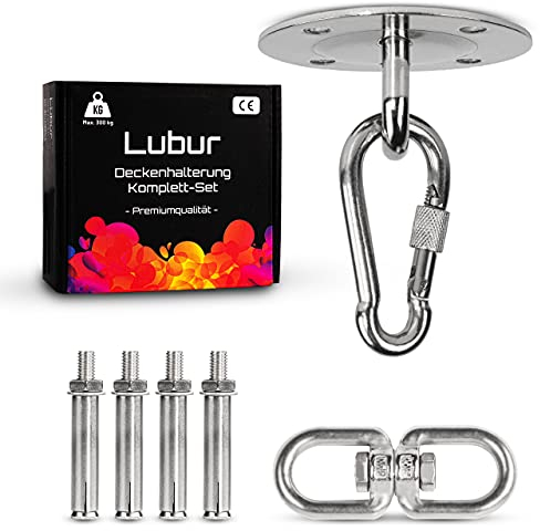 Lubur Premium Deckenhaken - 300 kg belastbare Schwerlasthaken - Geeignet als Deckenhalterung für Hängesessel & Boxsack - Edelstahl Decke Haken - TÜV SÜD geprüfte Deckenbefestigung (1er-Set)