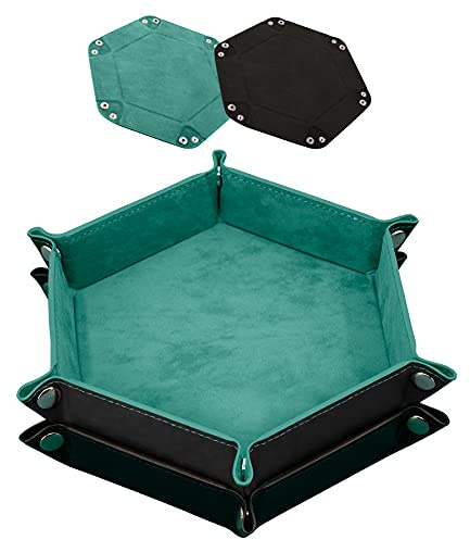 SIQUK 2 Pezzi Vassoio per Dadi in Pelle PU Porta Dadi Pieghevole per Dadi Esagonale per Giochi di Gadi come RPG, DND e Altri Giochi da Tavolo (Ciano e Nero)