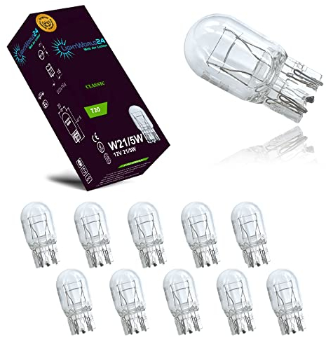 LIGHTWORLD24 10 x T20 W21/5W 12V W3x16q Auto-Lampen Glassockellampen Ersatz Halogen Birne für Bremslicht Tagfahrlicht Hecklicht Parklicht E-geprüft