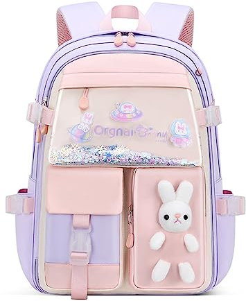 Bansusu Kawaii Bunny Primary Girls Backpacks Elementary School Bags Bookbags with Refrigerator Front Pocket, Purple-Large