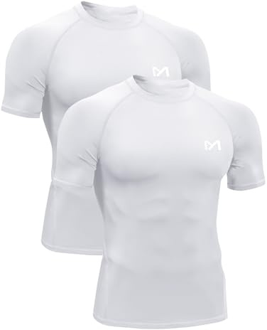 MEETYOO Hauts Compression de Running Homme,Maillot de Fitness Fonctionnel à Manches Courtes Maillot de Sport Homme Respirant Maillot de Course pour Sports Jogging Musculation,Blanc+Blanc,S