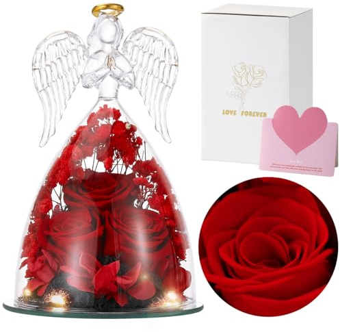 Emibele Christmas Angel Rose Gifts for Mom Grandma, Preserved Real Rose in Glass Angel Figurines, Eternal Flower Rose Gifts for Women on Mother's Day Birthday Anniversary Thanksgiving, Red