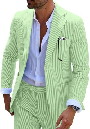 Wehilion Seersucker Suits for Men Slim Fit Summer Wedding Grooms Party Suits 2 Pieces Casual Blazer Jacket Pants Daily Wear Suit Green L