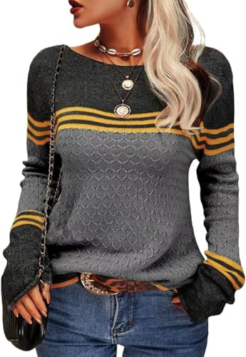 Yutdeng Maglione da Donna Invernale Pullover Elegante Maglia Oversize Girocollo Maglione a Righe Donna Maglione a Maglia Colorblock Manica Lunga Moda Casual Caldo Top Morbido Felpe,Grigio Scuro,M