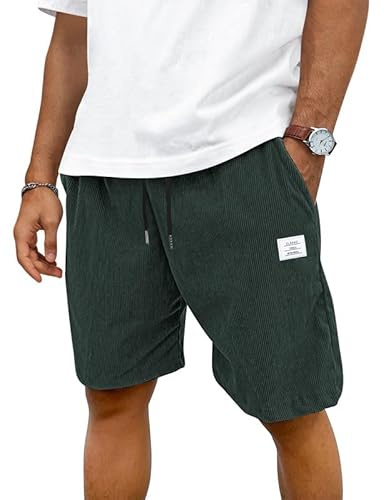 TARAINYA Velours Côtelé Short Homme Coton Stretch Cordon de Serrage été Casual Chino Corduroy Shorts Court Homme avec Poches Vert Gris 4XL