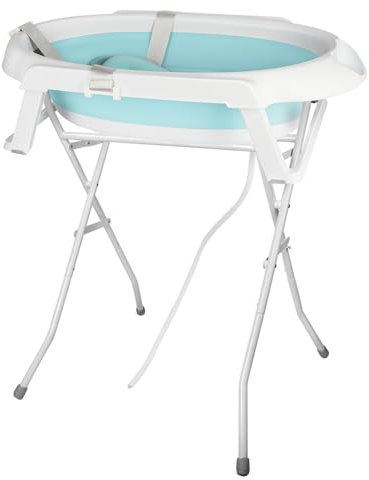 Baignoire bebe avec Support 84,5cm, Baignoire Bebe sur Pied, Sécurisée et Confortable Bassine Pliable Bebe avec Thermomètre et Coussin de bain(63 * 60 * 84.5cm,vert)