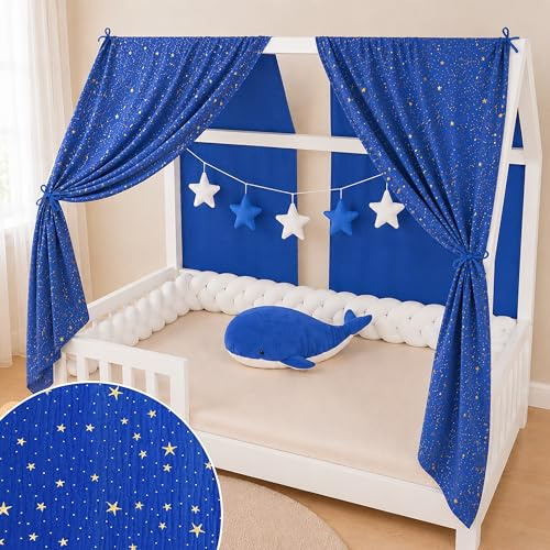 YellowNest Tenda per Letto Montessori (2 Pezzi) - Tenda Letto Bambini per Letto 70x140cm - 100% Mussola di Cotone - Senza Ghirlanda (Blue Marino, 62 x 270 cm (2 Pezzi))