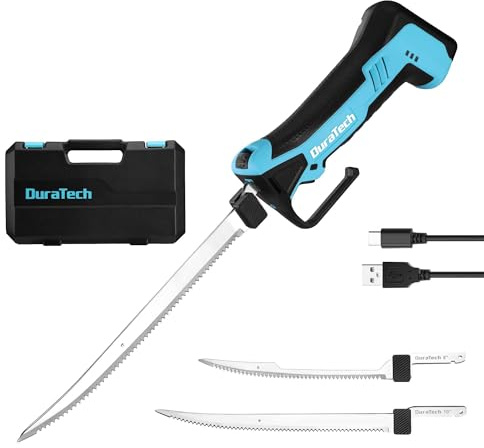 DURATECH 12V Cordless Fillet Knife with 20 cm & 25 cm Food-Grade Blades, Electric Fish Filleting Knife with 2.0Ah Built-in Battery and Safety Lock, Non-Slip Handle, Portable Storage Case