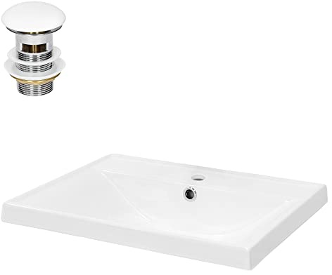 LuxeBath Waschbecken Keramik, Weiß, 510x415x155 mm, eckig mit Ablaufgarnitur Weiß, Einbauwaschbecken mit Hahnloch/Überlauf, Aufsatzwaschbecken Einbauwaschtisch Waschschale Waschplatz Handwaschbecken