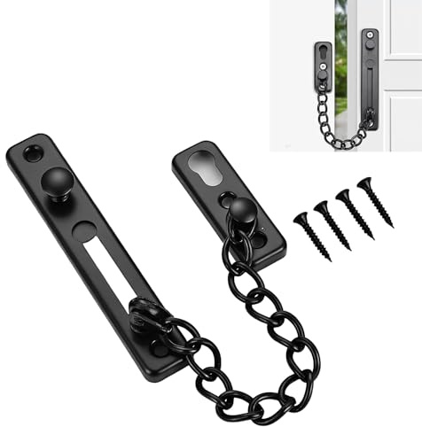 Door Chain Lock, 304 Stainless Steel Door Chains for Front Door with Spring Button, Anti-Theft Chain Lock for Door with Screws - Easy to Install, Black