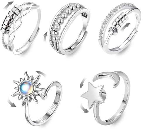 YSAOAKA 5 Pcs Bague Anti Stress Femme Argent, Fidget Bague Anxiété Rotative, Anxiete Reglable Cadeaux pour Femmes Hommes