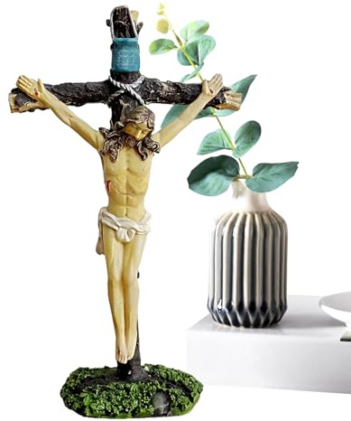 Genikeer Figurina de Crucifijo Católico | Estatua Religiosa de Jesús de 18,3 cm | Decoraciones de Mesa de Resina | para Hogar, Estantería, Dormitorio, Cocina, Sala de Oración, Apartamento,
