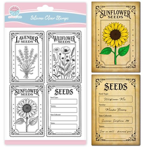 GLOBLELAND Seed Packet Clear Stamp for Scrapbooking Vintage Flowers Silicone Stamps Lavender Transparent Stamp for Card Making DIY Embossing Journaling