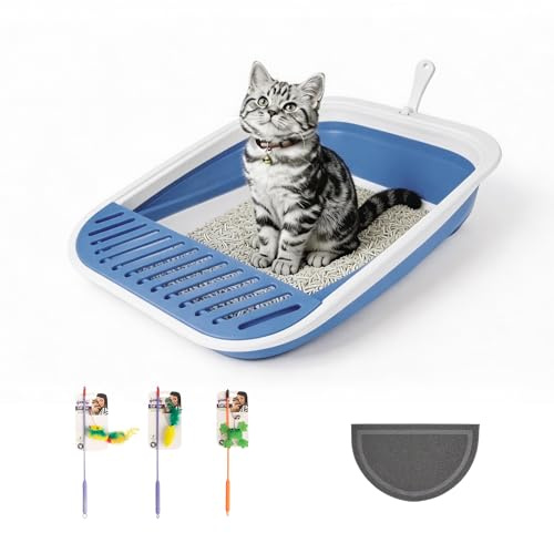 Pawise Foldable Cat Litter Box, Low Entry Collapsible Kitten Litter Box with Scoop, Travel Pet Potty Pan & Anti-Splash Toilet for Kittens (with Storage Bag, Cat Teaser & Grooming Glove) (Blue)