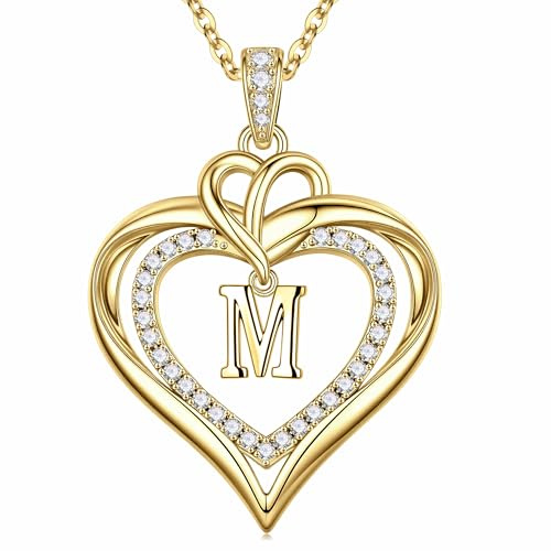 Turandoss Heart Initial Necklaces for Women - 14K Gold Plated Dainty Heart Initial Necklace Letter M Necklaces for Women Jewellery Personalized Birthday Gifts for Womens Wife Girlfriend