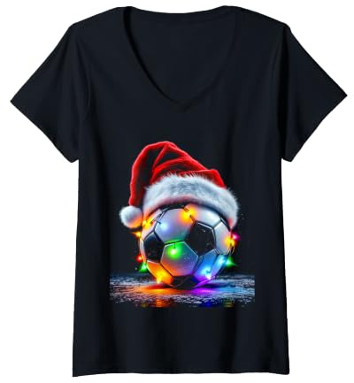 Femme Ballon de Football Festif avec Bonnet de Père Noël et lumières T-Shirt avec Col en V