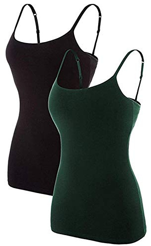 CharmLeaks 2 Pack Women Cotton Vest Tops Strappy Camisole Tank Top, Black & Dark Green, XL