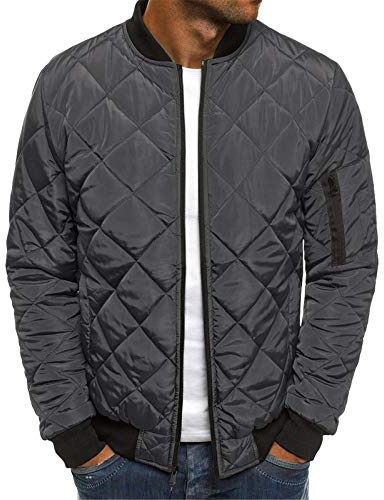 Pretifeel Mens Bomber Quilted Jackets Diamond Winter Chunky Varsity Flight Windproof Padded Coat (X-Large, 01 Dark Gray)