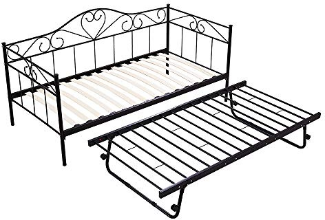 Panana Single Day Bed Metal Guest Bed Frame Sofa Bed with Pull Out Guest Trundle Bed (Black, Daybed+Trundle)