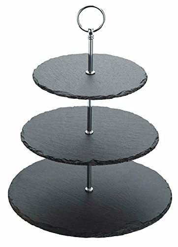 True Face 3 Tier Cake Stand - Sturdy Natural Slate Afternoon Tea & Party Display for Cakes, Cupcakes, Sandwiches & Buffet Platters | Perfect for Weddings, Birthdays & Celebrations Black