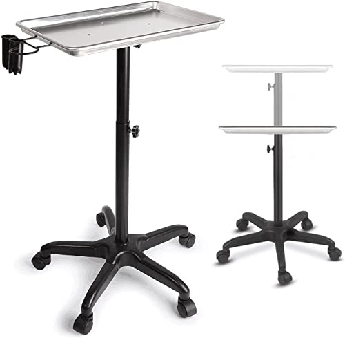 Salon Tablett mit Rädern, Aluminiumwagen Beauty Trolley Einstellbare Höhe Rolling Salon Tray mit 360 Grad SchwenkRädern für Dental Carts Friseur Cart (Schwarz mit Regal)