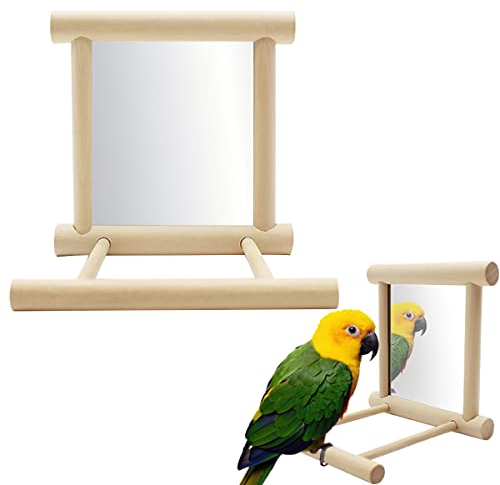 FainFun Vogel Spiegel mit Barsch, 10 * 10 * 10 cm Wellensittich Spielzeug mit Spiegel Holz, Vogelständer Barsch mit Spiegel, Vogelspielzeug mit Spiegel für Papagei, Taube, Kanarienvogel