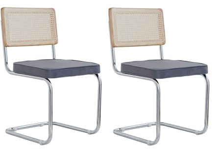 EGOONM 2-pack moderna matsalsstolar i mitten av århundradet, stoppade köksstolar med rottingryggstöd för hem, sovrum, kök, vardagsrum (Holländsk sammet -grå)